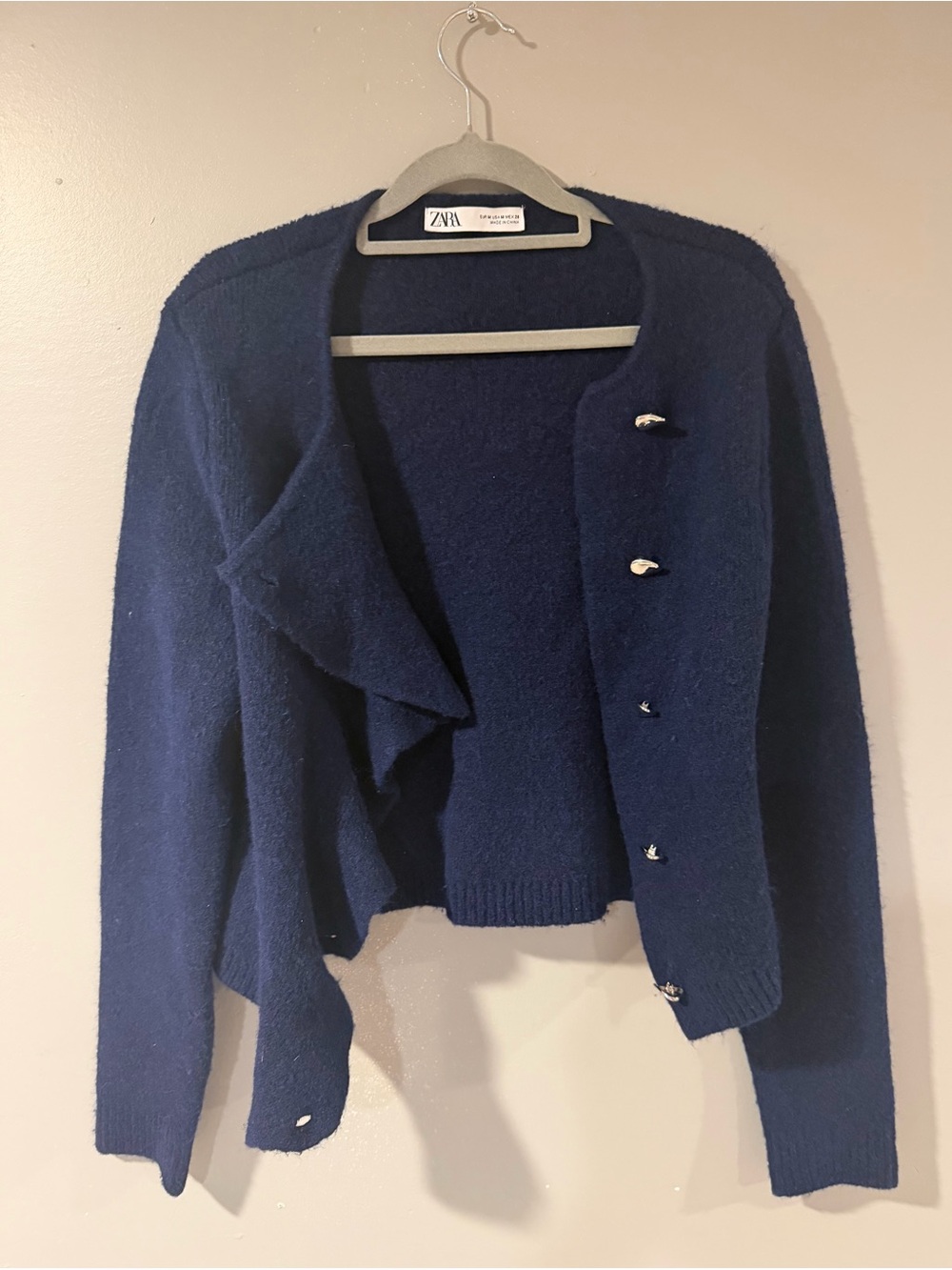 Zara Navy Button-Front Textured Knit Jacket